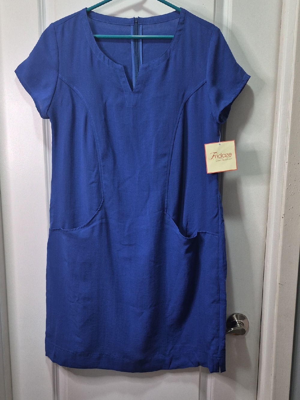 Fridaze Cobalt Blue Notch-Neck Midi Dress 100% Linen